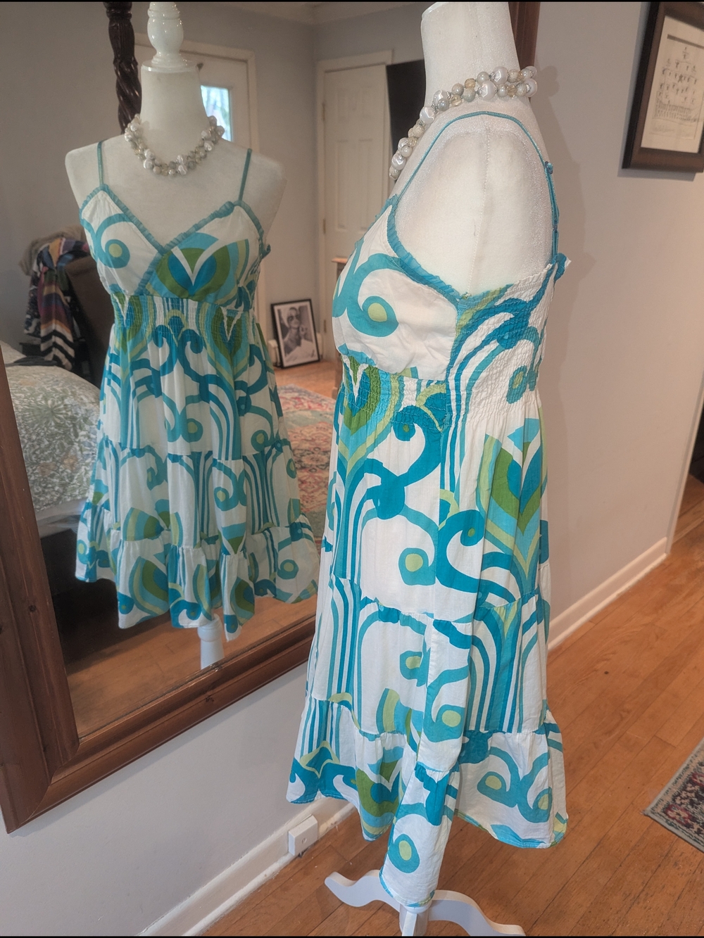 💯 Indian Cotton Green & White Printed Sundress With Slip - Picture 3 of 12